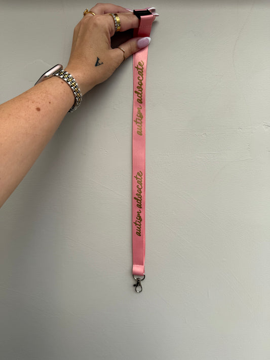 SAMPLE SALE! autism advocate gold text lanyard - Pink